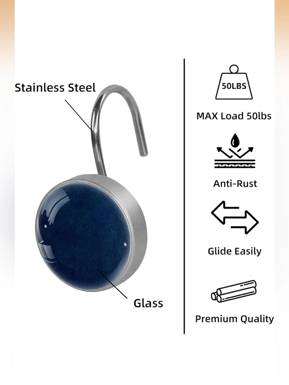 Set of Blue Round Shower Curtain Hooks with Silver Rings